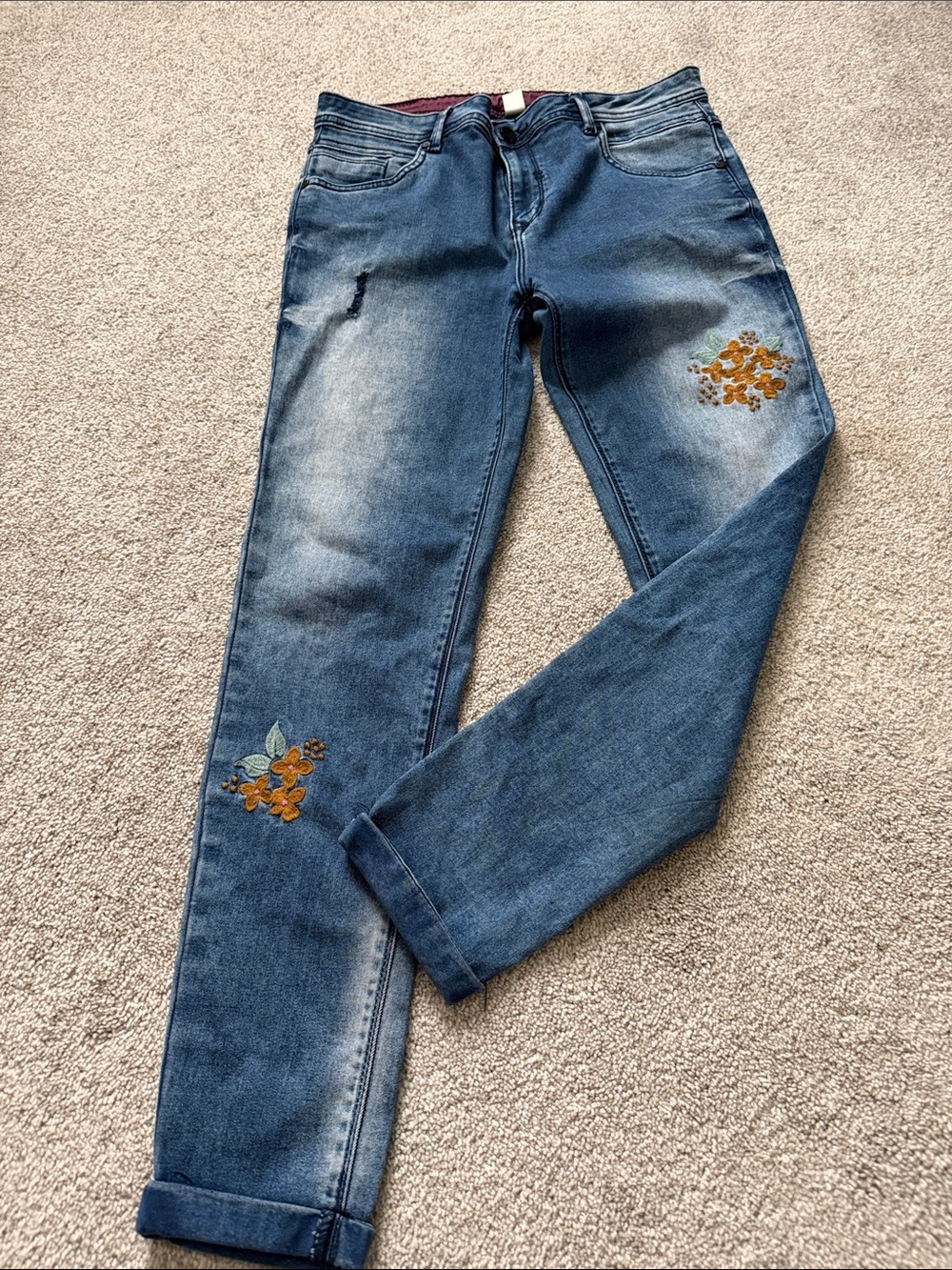 Embroidered Skinny Jeans in Blue with Floral Accents